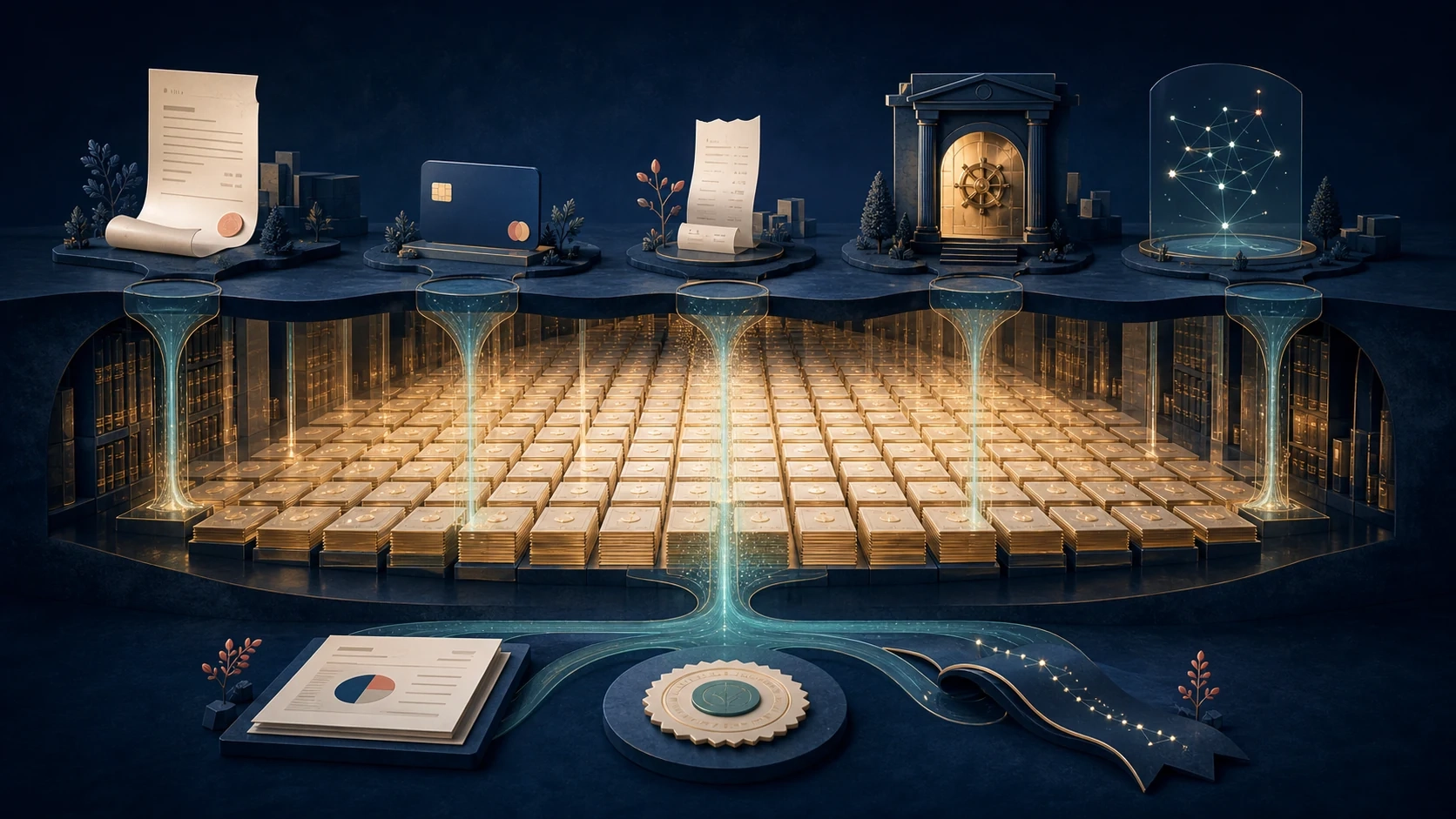 Product documents, payments, and bank feeds flowing into an ordered ledger of balanced records beneath the surface, resolving into a verified report
